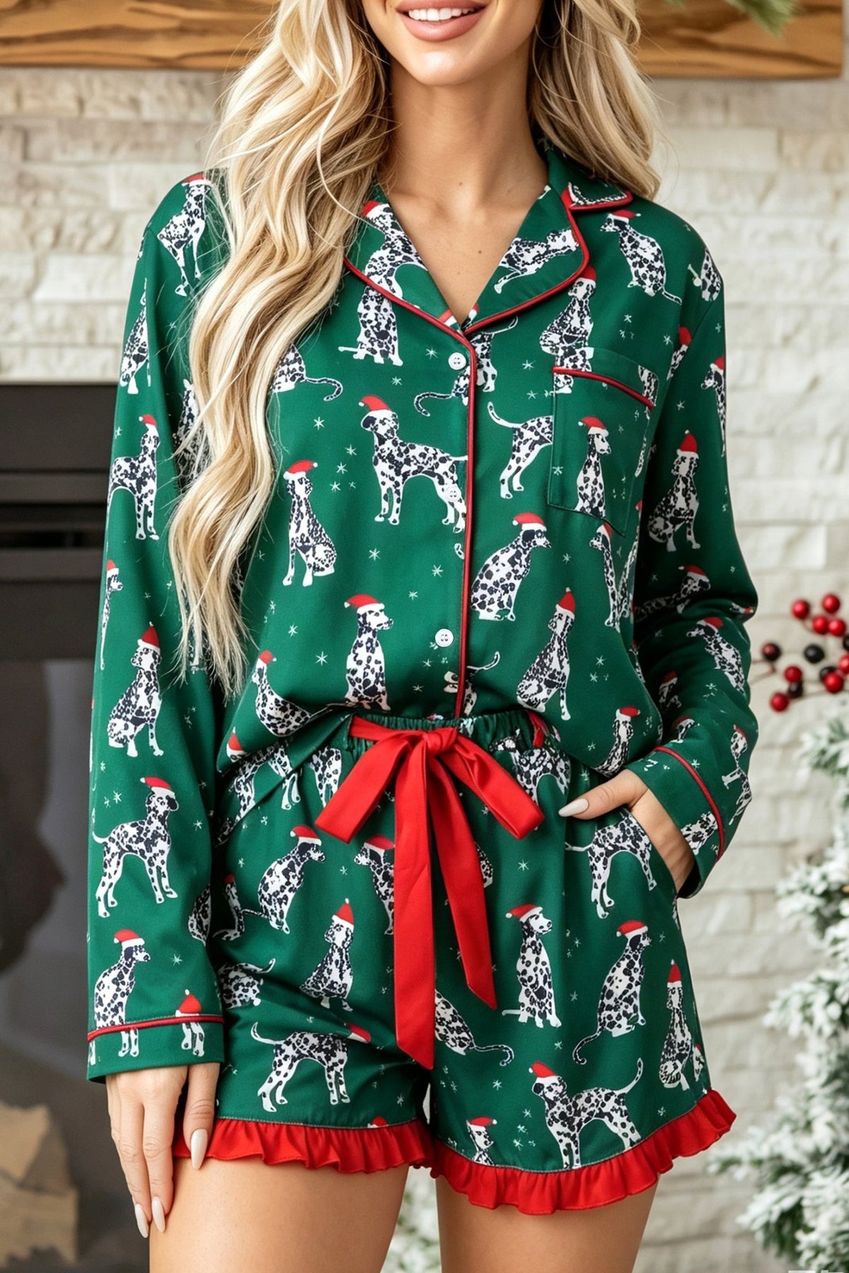 Woman wearing green Dalmatian-print Christmas pajamas with red trim by a fireplace.