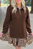 Woman in coffee long sleeve mini dress with leopard collar and leopard ruffle hem, front view