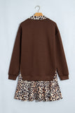 Coffee long sleeve dress with leopard ruffle hem on a hanger, back view