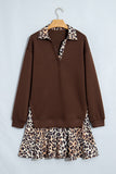 Coffee V neck dress with leopard collar and ruffle hem on a hanger, front view