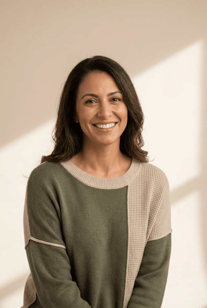 Woman wearing a green and beige sweater with a neutral background