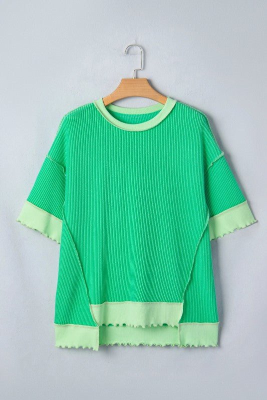 Colorblock Striped Knit Corded Uneven Hem T-Shirt | Zarnesh