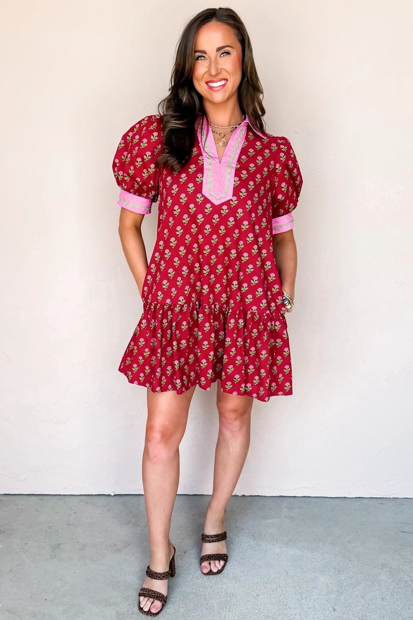 Contrasted Floral V-Neck Bubble Sleeve Mini Dress | Zarnesh