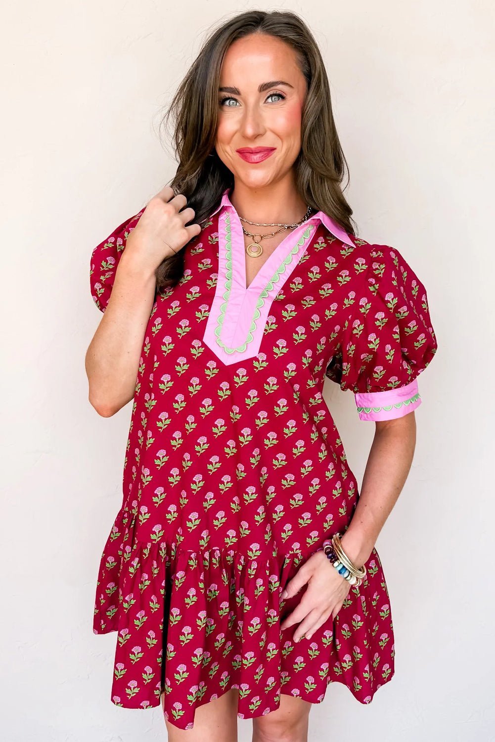 Contrasted Floral V-Neck Bubble Sleeve Mini Dress | Zarnesh