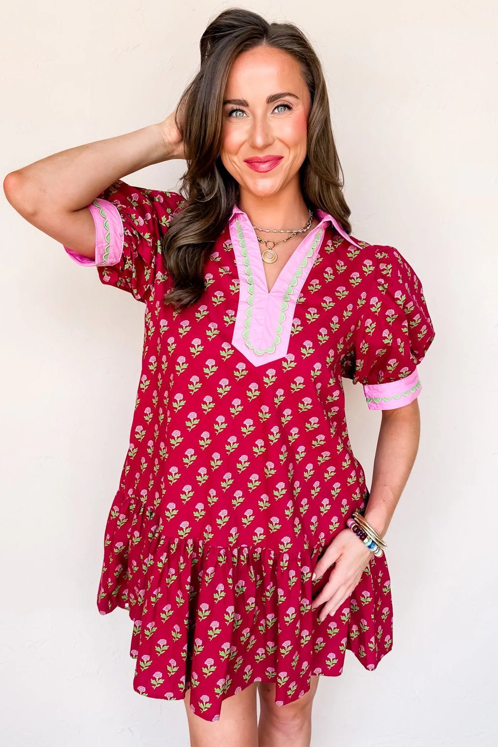 Contrasted Floral V-Neck Bubble Sleeve Mini Dress | Zarnesh