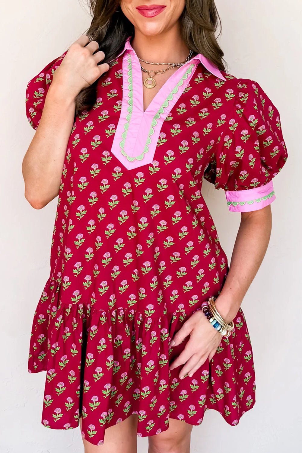 Contrasted Floral V-Neck Bubble Sleeve Mini Dress | Zarnesh