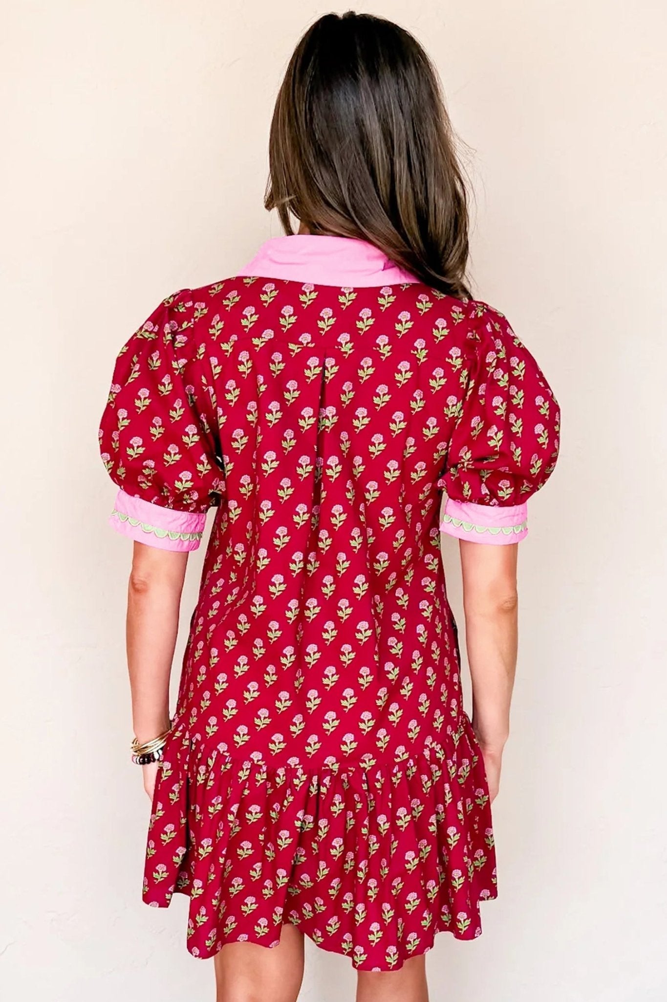 Contrasted Floral V-Neck Bubble Sleeve Mini Dress | Zarnesh