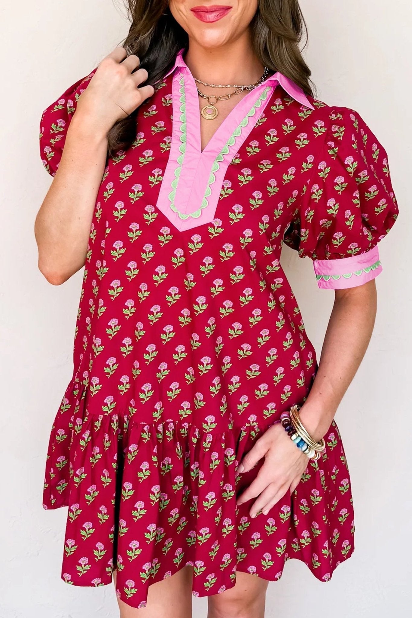 Contrasted Floral V-Neck Bubble Sleeve Mini Dress | Zarnesh