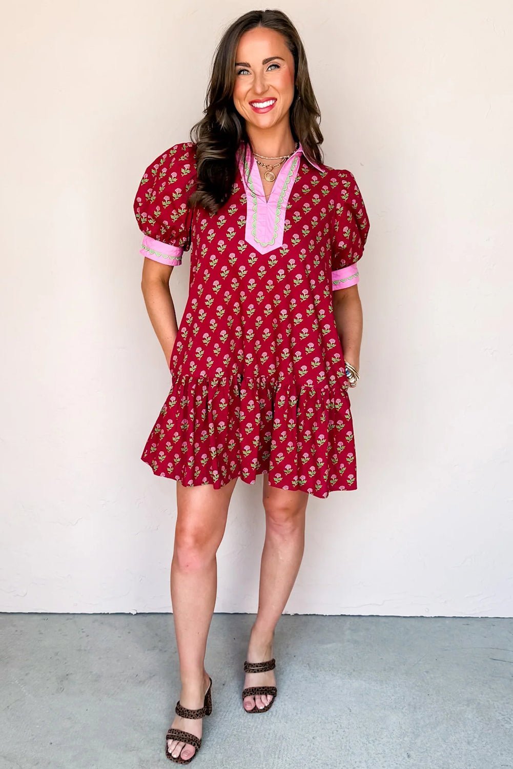 Contrasted Floral V-Neck Bubble Sleeve Mini Dress | Zarnesh