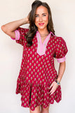 Contrasted Floral V-Neck Bubble Sleeve Mini Dress | Zarnesh