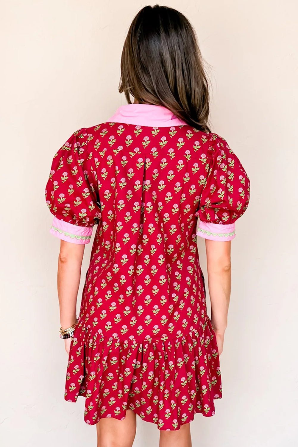 Contrasted Floral V-Neck Bubble Sleeve Mini Dress | Zarnesh