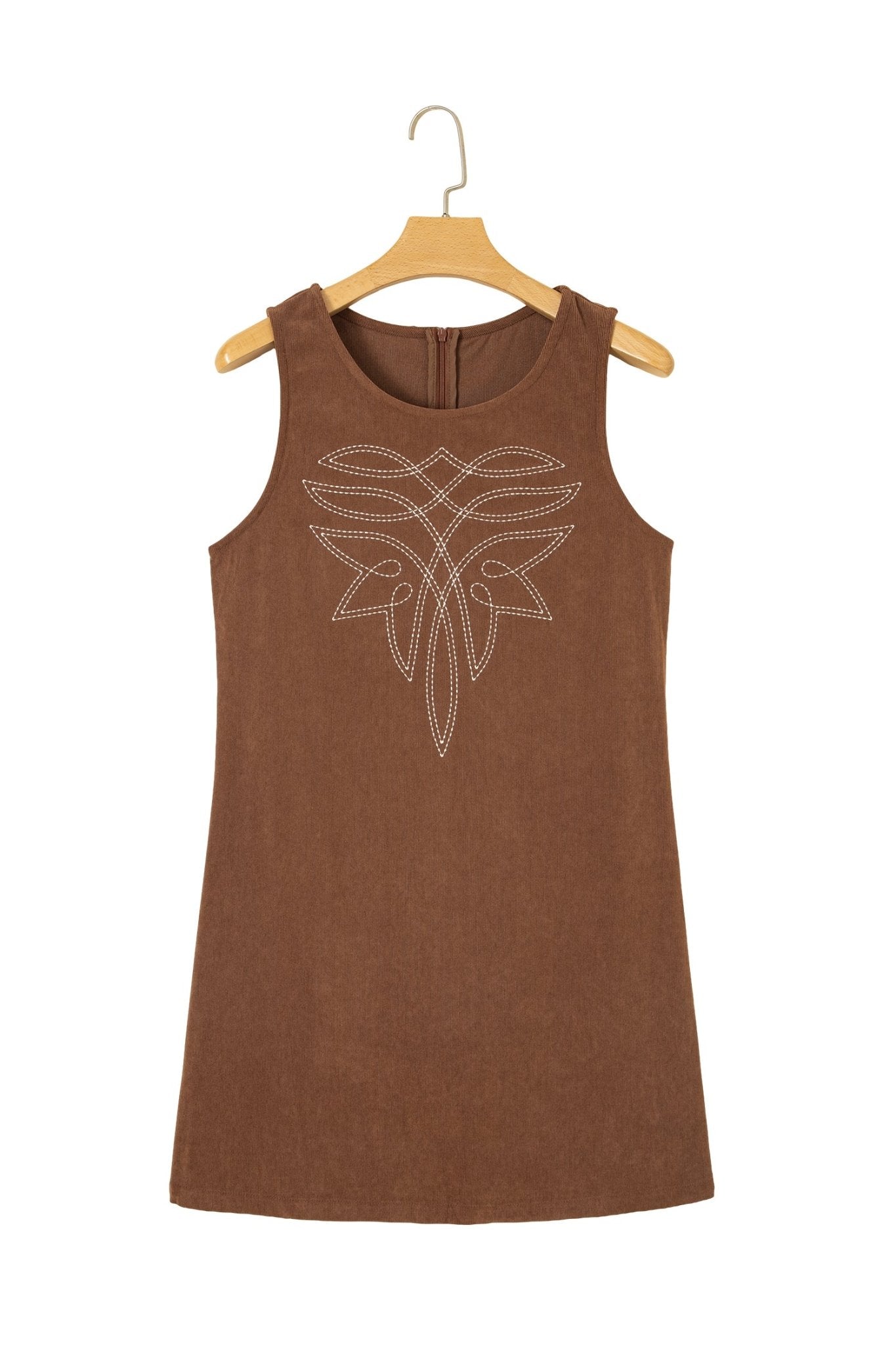 Brown sleeveless ribbed knit dress with white rhinestone chest design on hanger.