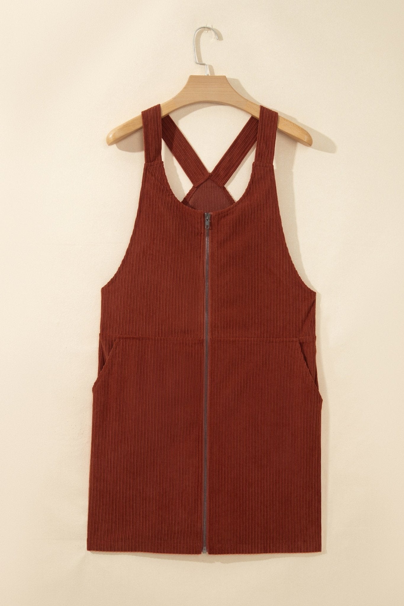 Corduroy Zip Front Cross Back Mini Dress | Zarnesh