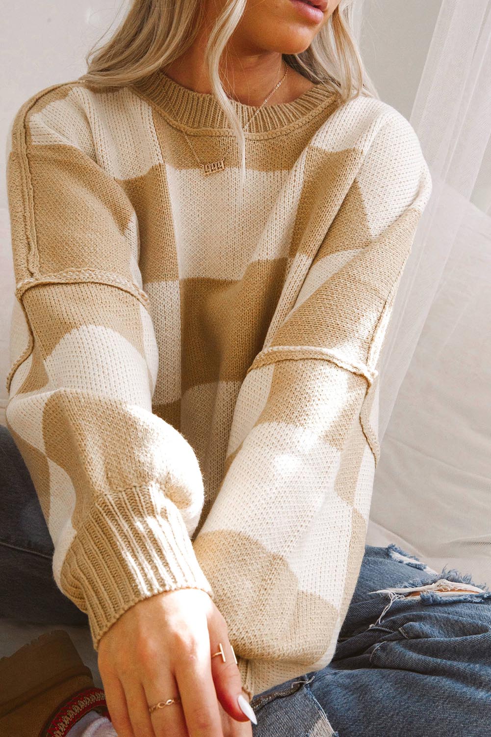 Cropped Checkerboard Bishop Sleeve Knit Sweater | Zarnesh