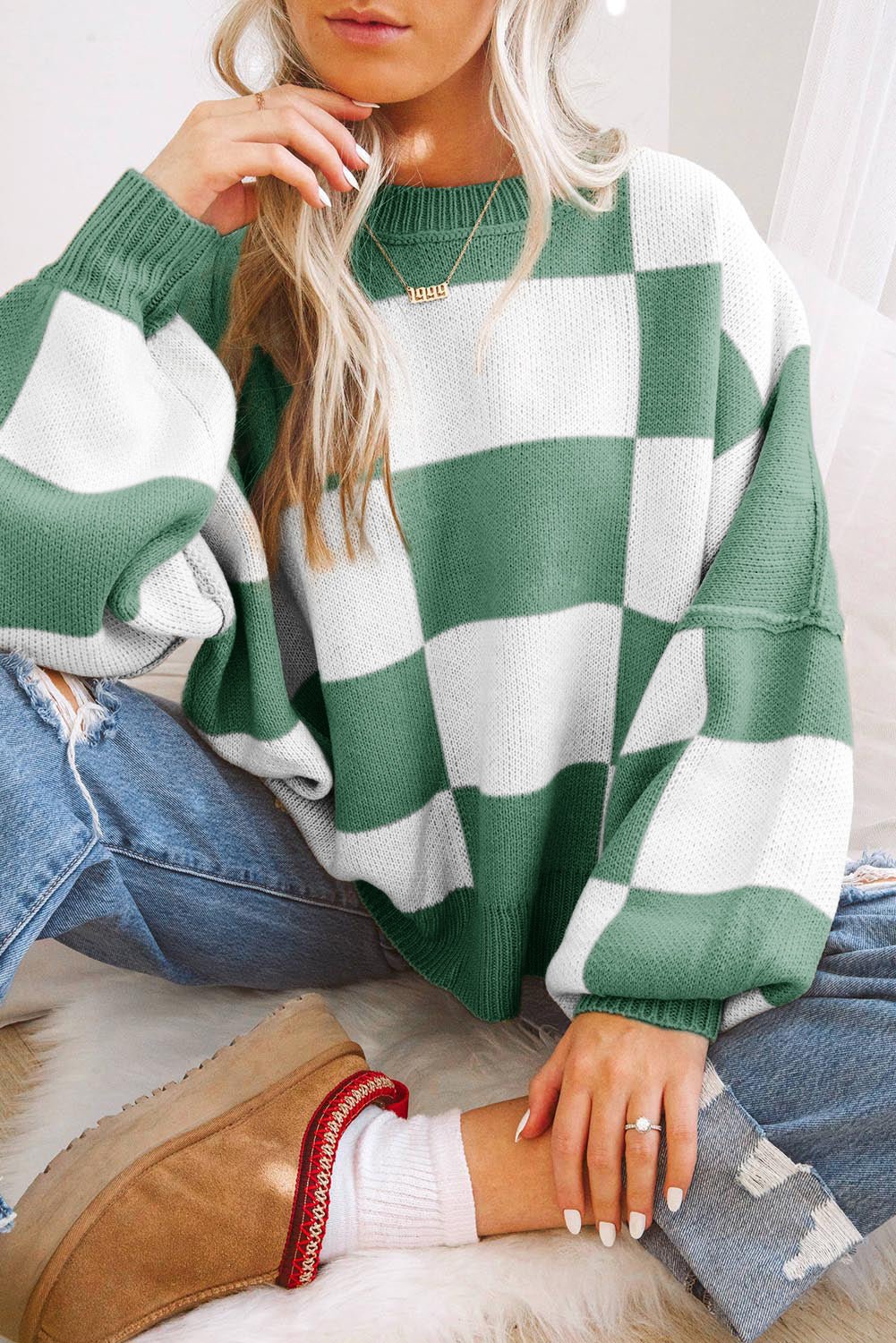 Cropped Checkerboard Bishop Sleeve Knit Sweater | Zarnesh