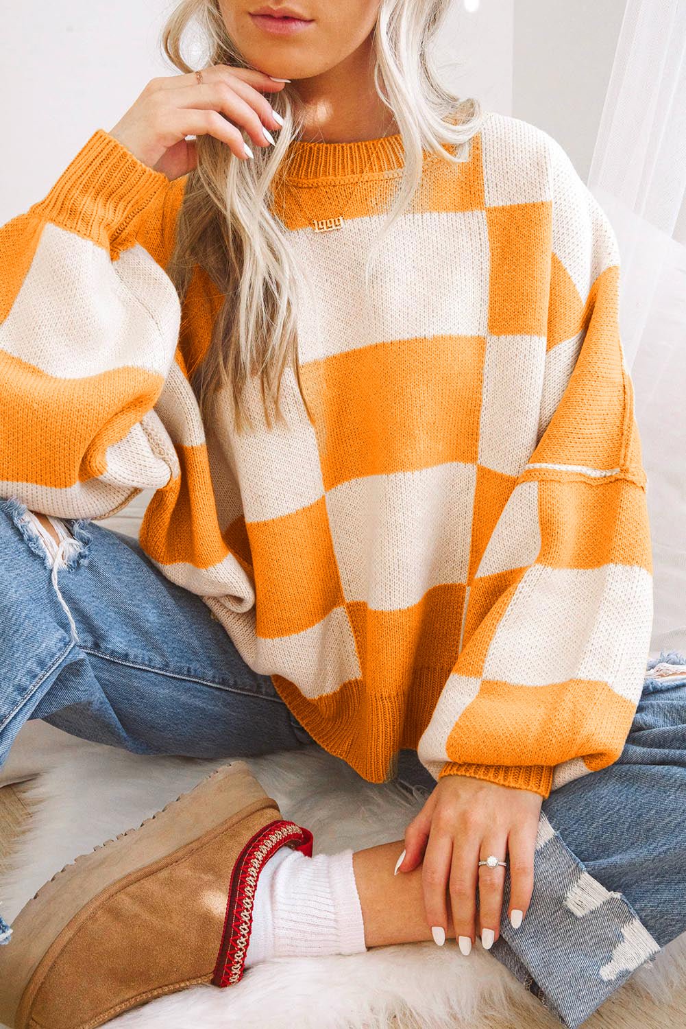 Cropped Checkerboard Bishop Sleeve Knit Sweater | Zarnesh
