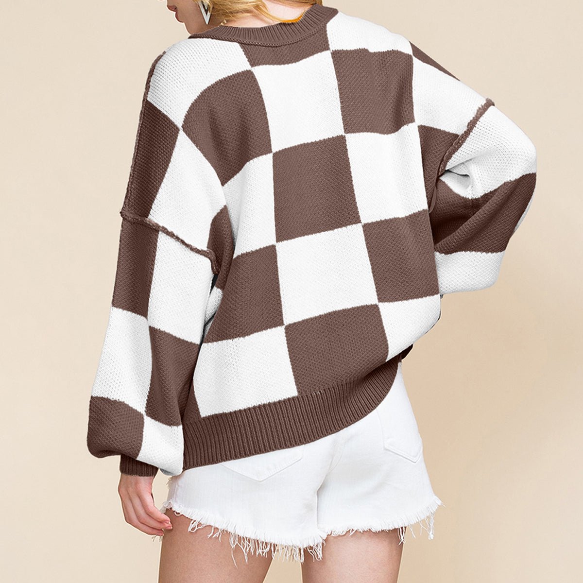 Cropped Checkerboard Bishop Sleeve Knit Sweater | Zarnesh