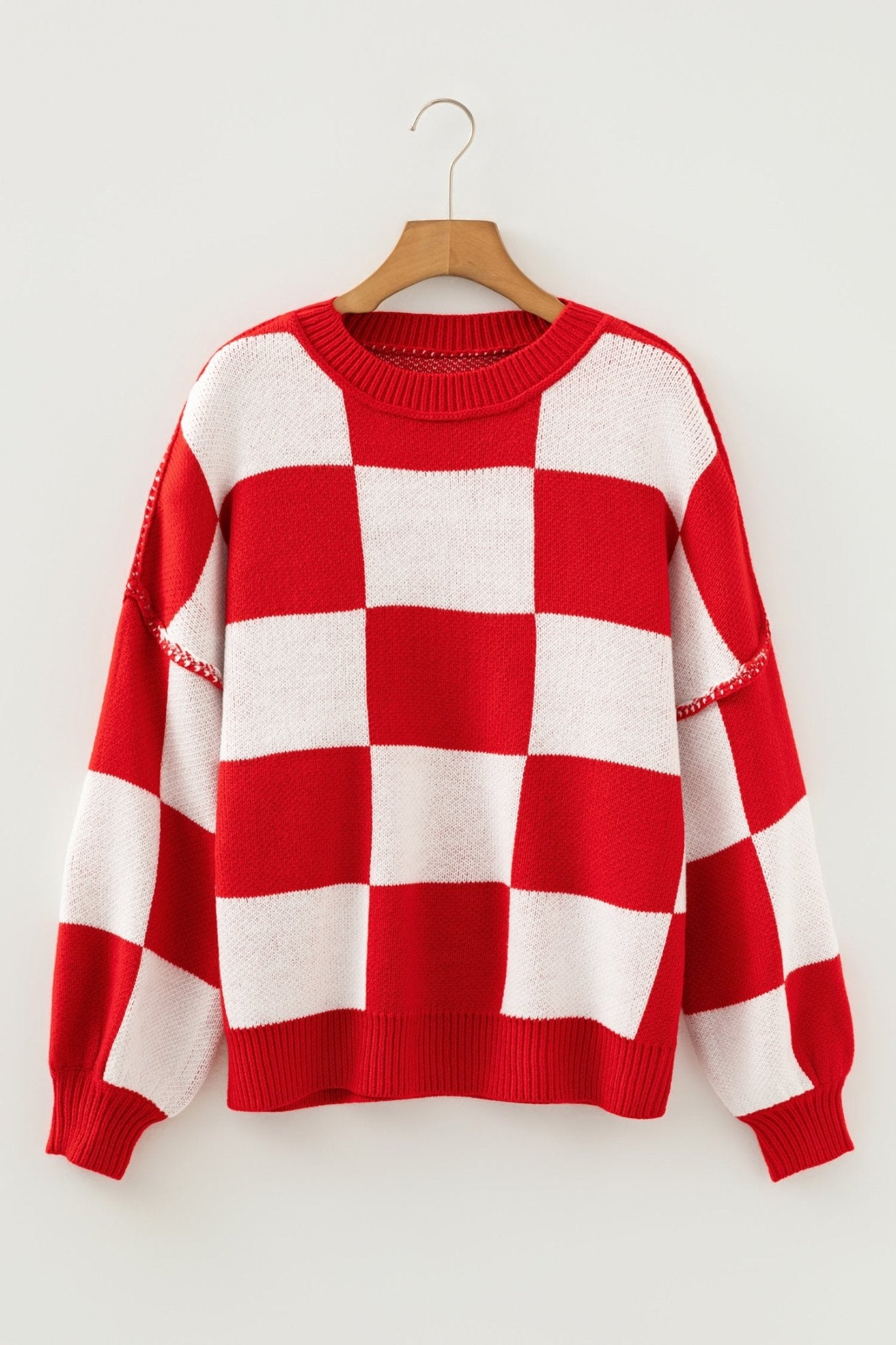 Cropped Checkerboard Bishop Sleeve Knit Sweater | Zarnesh