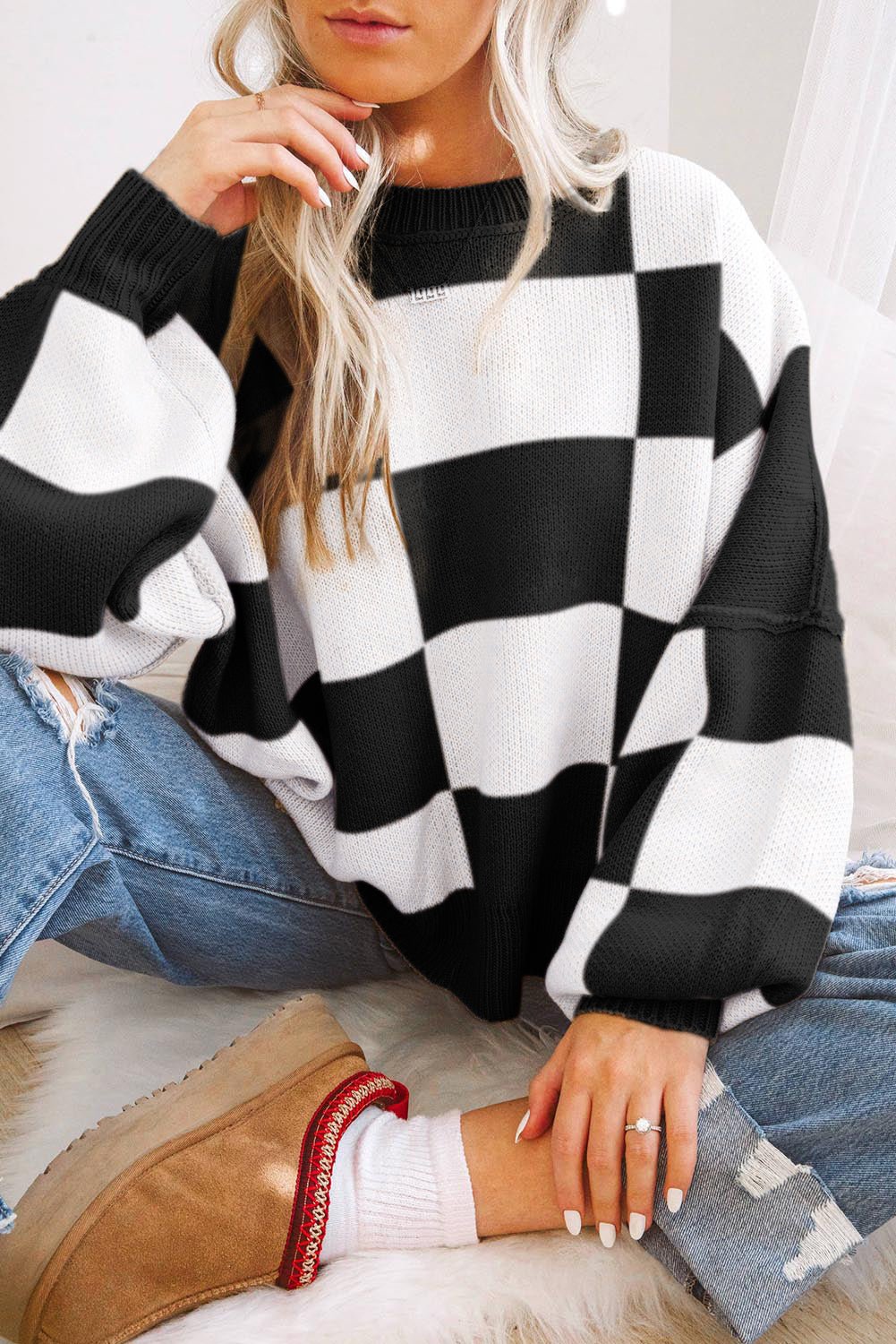 Cropped Checkerboard Bishop Sleeve Knit Sweater | Zarnesh