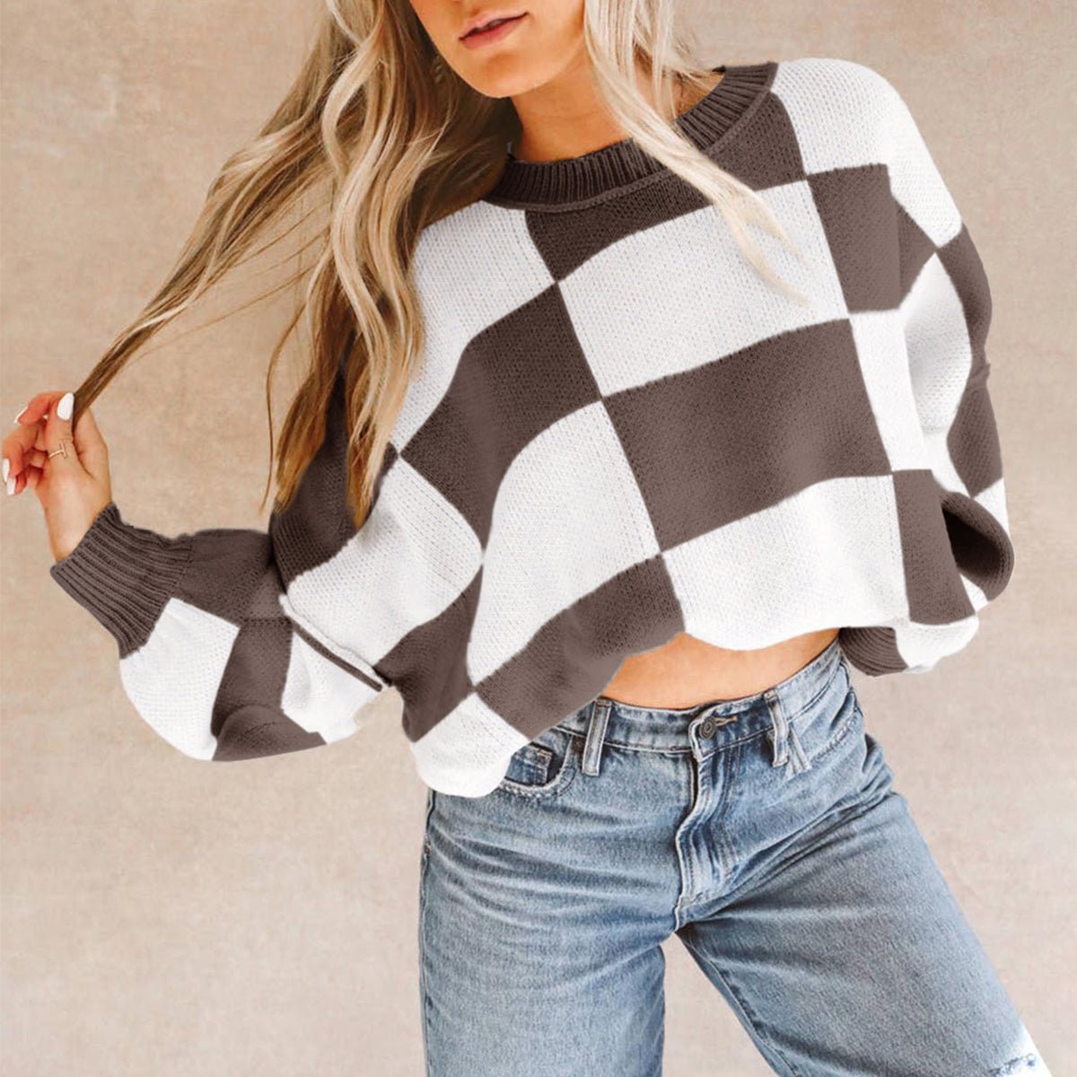 Cropped Checkerboard Bishop Sleeve Knit Sweater | Zarnesh
