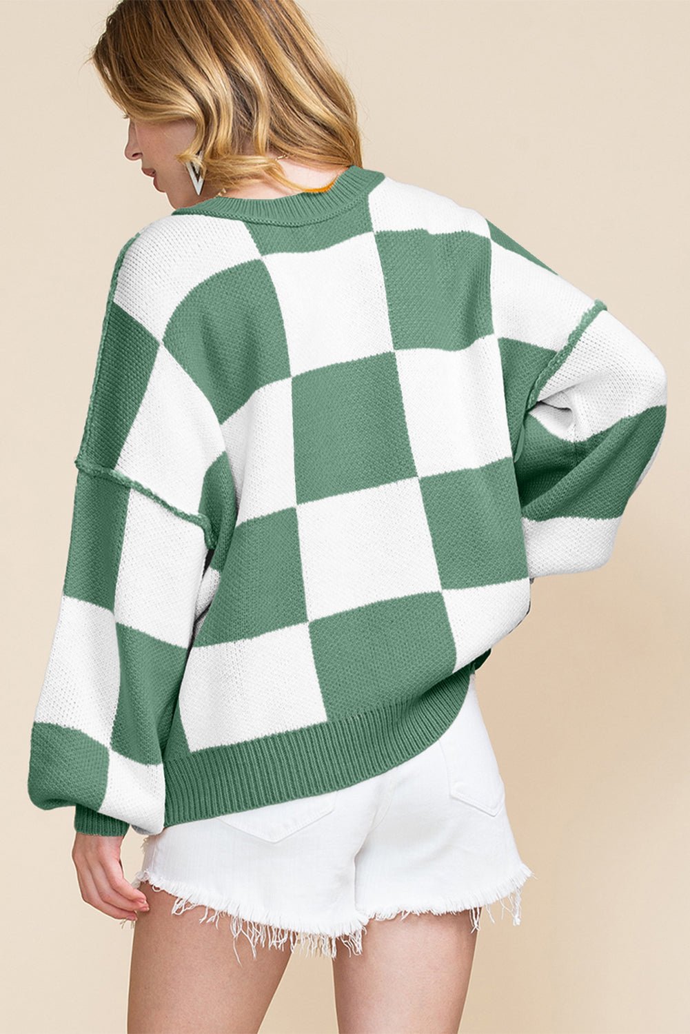 Cropped Checkerboard Bishop Sleeve Knit Sweater | Zarnesh