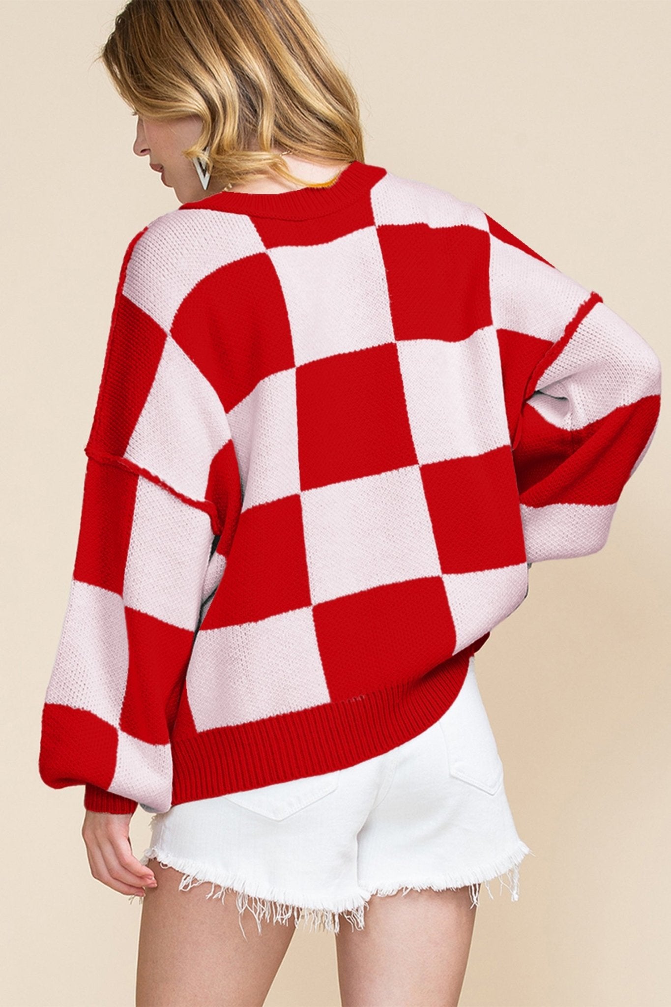 Cropped Checkerboard Bishop Sleeve Knit Sweater | Zarnesh