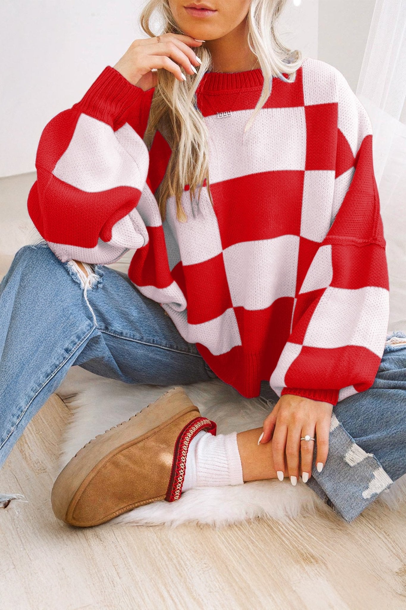 Cropped Checkerboard Bishop Sleeve Knit Sweater | Zarnesh