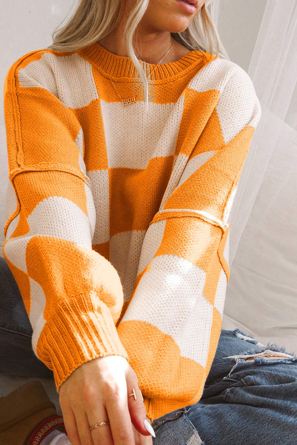 Cropped Checkerboard Bishop Sleeve Knit Sweater | Zarnesh