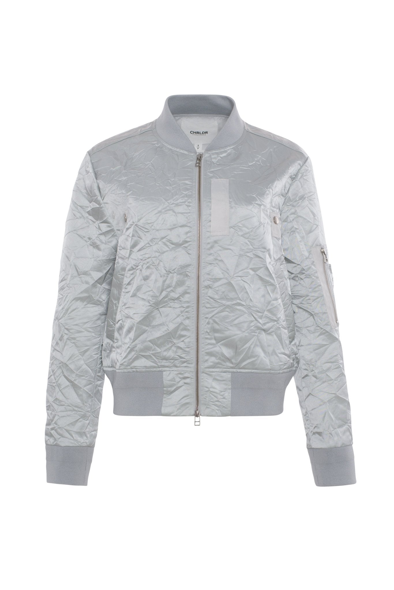 Light gray quilted bomber jacket on a white background