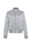 Light gray quilted bomber jacket on a white background