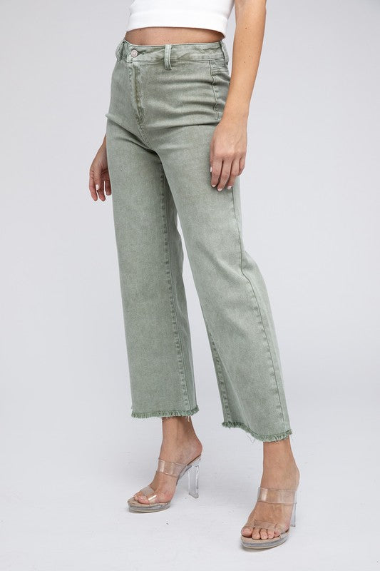 WOMEN'S Acid Wash Frayed Cutoff Hem Straight Wide Pants | ZARNESH