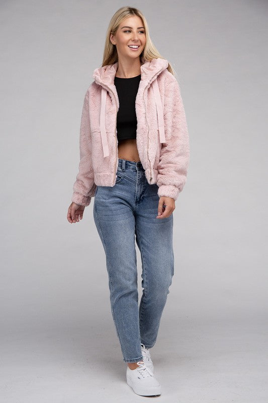 Women Fluffy Texture Zip-Up Teddy Hoodie Sweater | Zarnesh