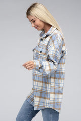 Women Plaid Dropped Shoulder Buttons Flap Pocket Shacket Zarnesh