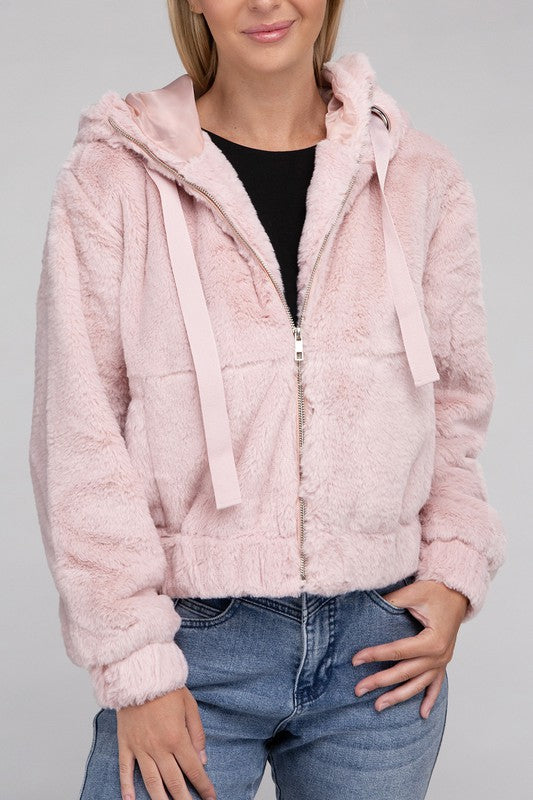 Women Fluffy Texture Zip-Up Teddy Hoodie Sweater | Zarnesh