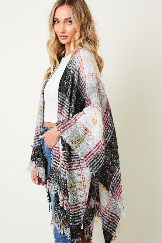 Women Multi Color Plaid Fringe Trim Poncho Shawl | Zarnesh