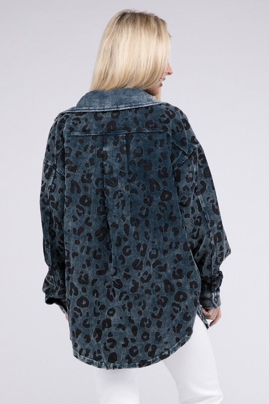 Women Vintage Washed Leopard Corduroy Buttoned Jacket | Zarnesh