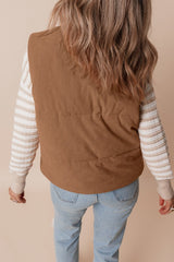 Women Coffee Corduroy Stand Neck Zipped Puffer Vest | Zarnesh