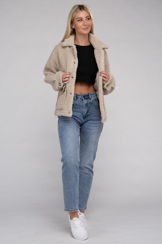 Women Cozy Long Sleeve Sherpa Button-Front Jacket | Zarnesh