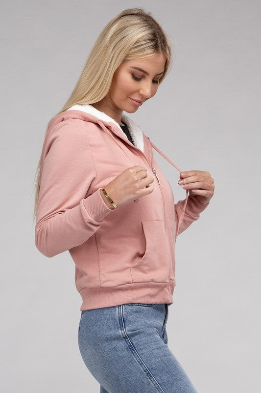 Women Fuzzy Trim Zip-Up Crop Sweater-Style Hoodie | Zarnesh