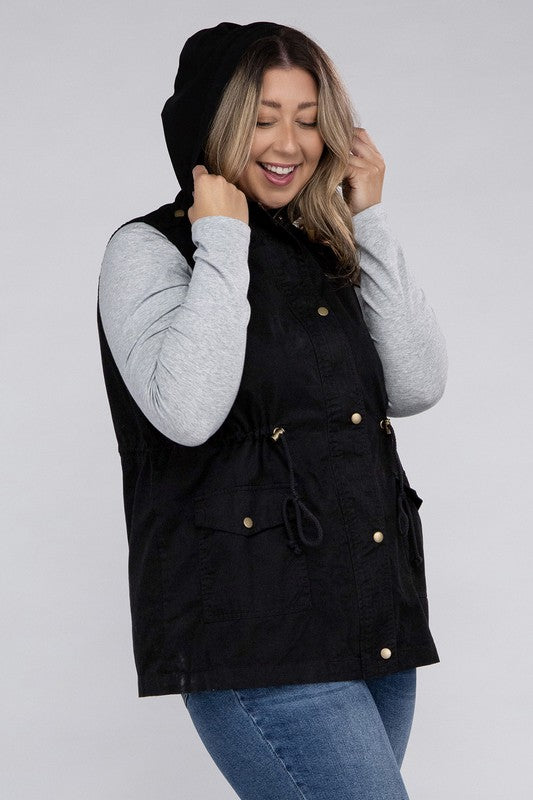 Women Plus Drawstring Waist Military Hoodie Vest | Zarnesh