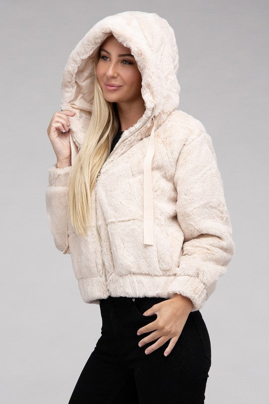 Women Fluffy Texture Zip-Up Teddy Hoodie Sweater | Zarnesh