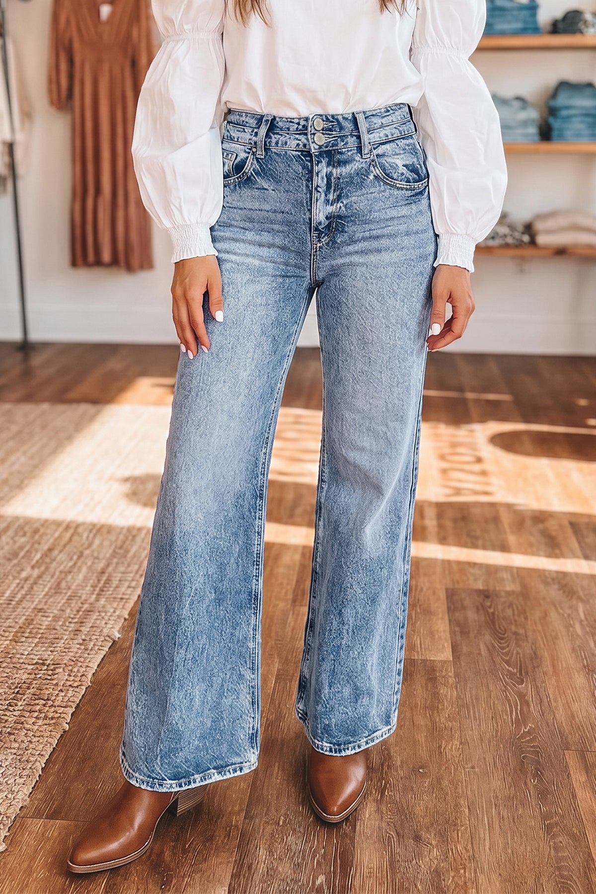 Double Button High Rise Waisted Flare Jeans | Zarnesh