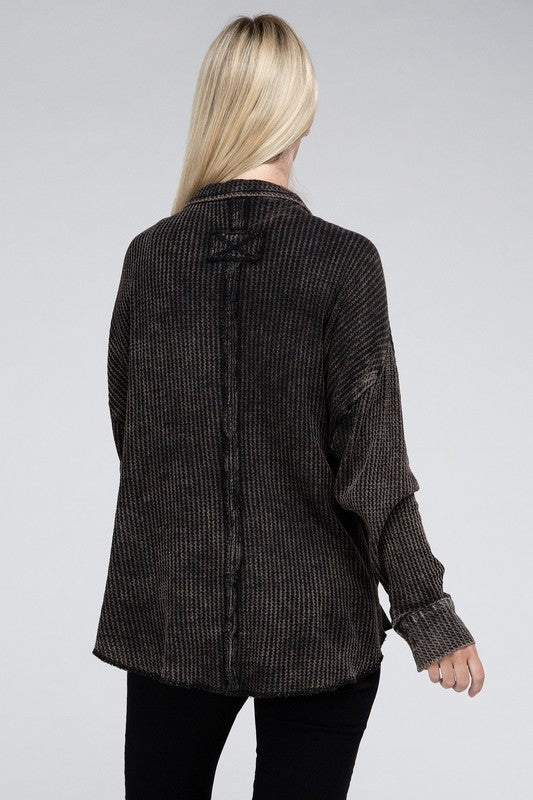 Women Acid Wash  Front Button Oversized Cotton Waffle Shacket Zarnesh 