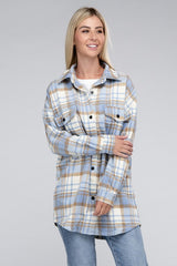 Women Plaid Dropped Shoulder Buttons Flap Pocket Shacket Zarnesh