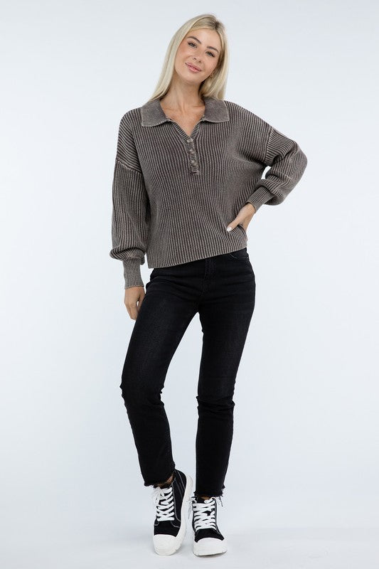 Women’s Washed Collared Henley Sweater | Zarnesh