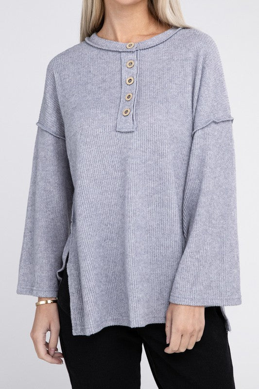 Women Ribbed Brushed Melange Hacci Henley Sweater | Zarnesh