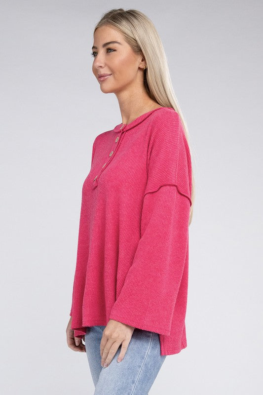 Women Ribbed Brushed Melange Hacci Henley Sweater | Zarnesh