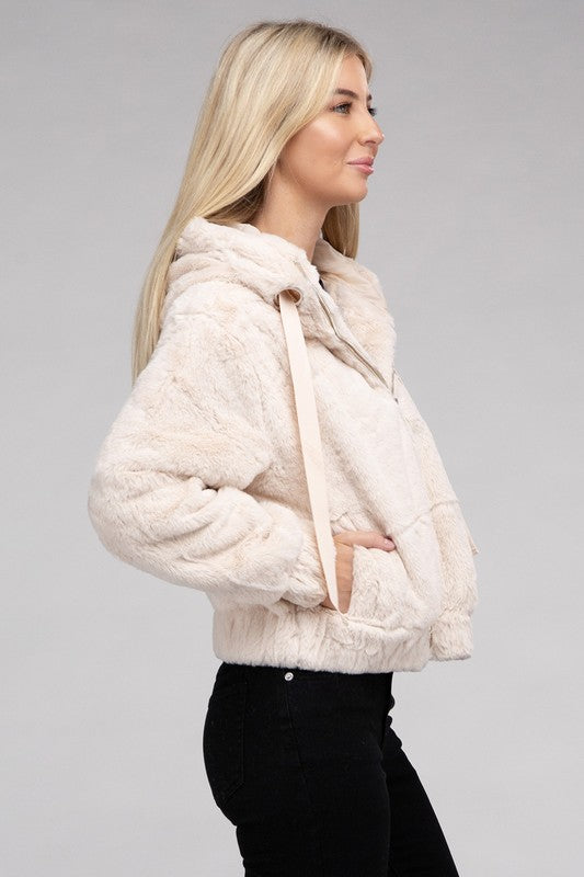 Women Fluffy Texture Zip-Up Teddy Hoodie Sweater | Zarnesh