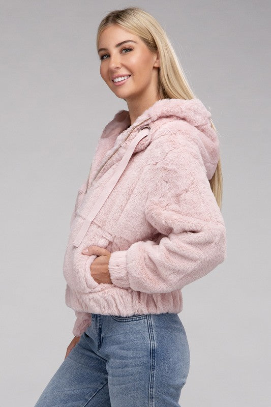 Women Fluffy Texture Zip-Up Teddy Hoodie Sweater | Zarnesh