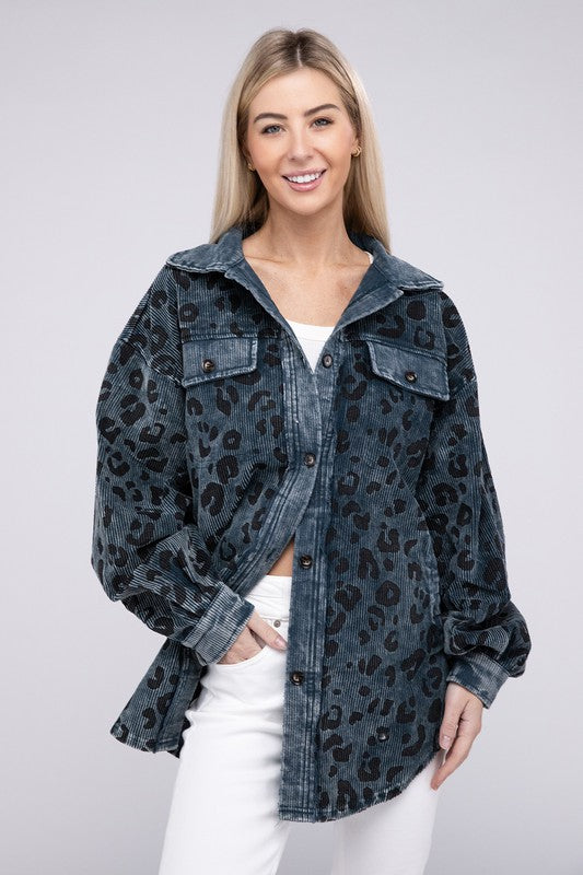 Women Vintage Washed Leopard Corduroy Buttoned Jacket | Zarnesh